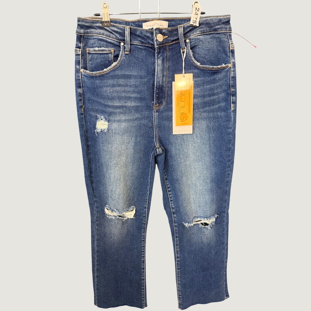 Risen Jeans Distressed Straight Leg Women 11/30 Dark RDP5448 High Rise Raw Hem